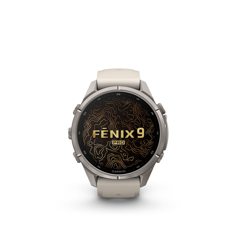 Garmin Fenix 9 Pro 43mm cycling computer with GPS display, showing navigation and fitness tracking features.