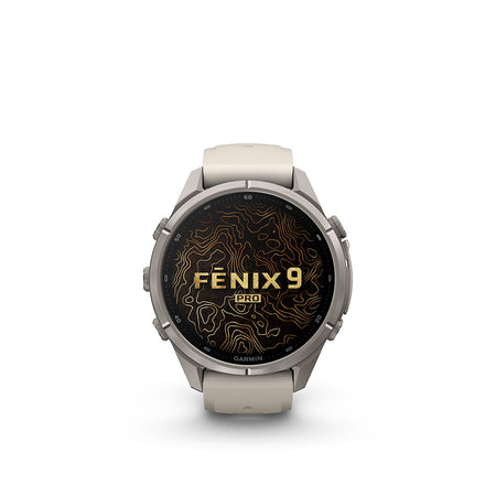 Garmin Fenix 9 Pro 43mm cycling computer with GPS display, showing navigation and fitness tracking features.