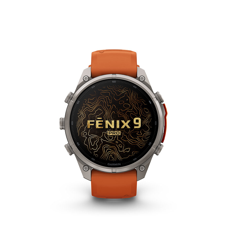 Garmin Fenix 9 Pro 47mm cycling computer with GPS and fitness tracking features, shown in a close-up image.