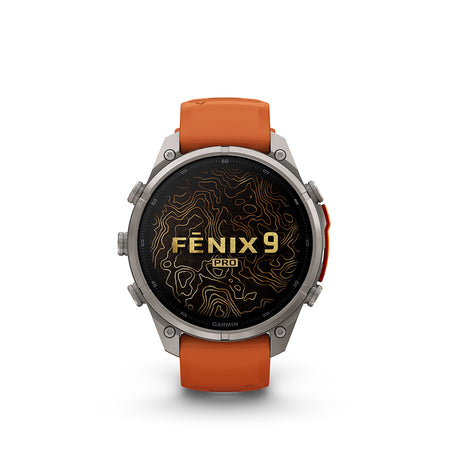 Garmin Fenix 9 Pro 47mm cycling computer with GPS and fitness tracking features, shown in a close-up image.