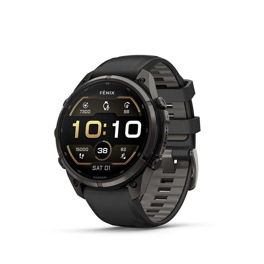 Garmin Fenix 9 Pro 47mm cycling computer with GPS display and fitness tracking features.