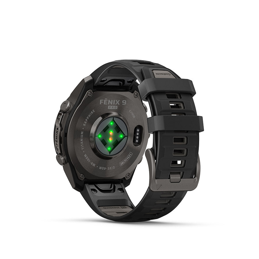 Garmin Fenix 9 Pro 47mm cycling computer with GPS and fitness tracking features, shown in a detailed close-up image.