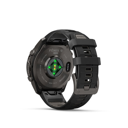 Garmin Fenix 9 Pro 47mm cycling computer with GPS and fitness tracking features, shown in a detailed close-up image.