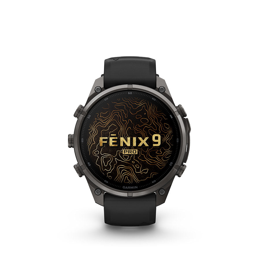 Garmin Fenix 9 Pro 47mm cycling computer with GPS and fitness tracking features, displayed on a dark background.