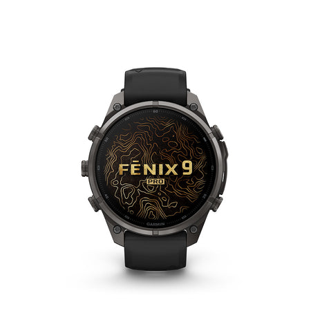Garmin Fenix 9 Pro 47mm cycling computer with GPS and fitness tracking features, displayed on a dark background.