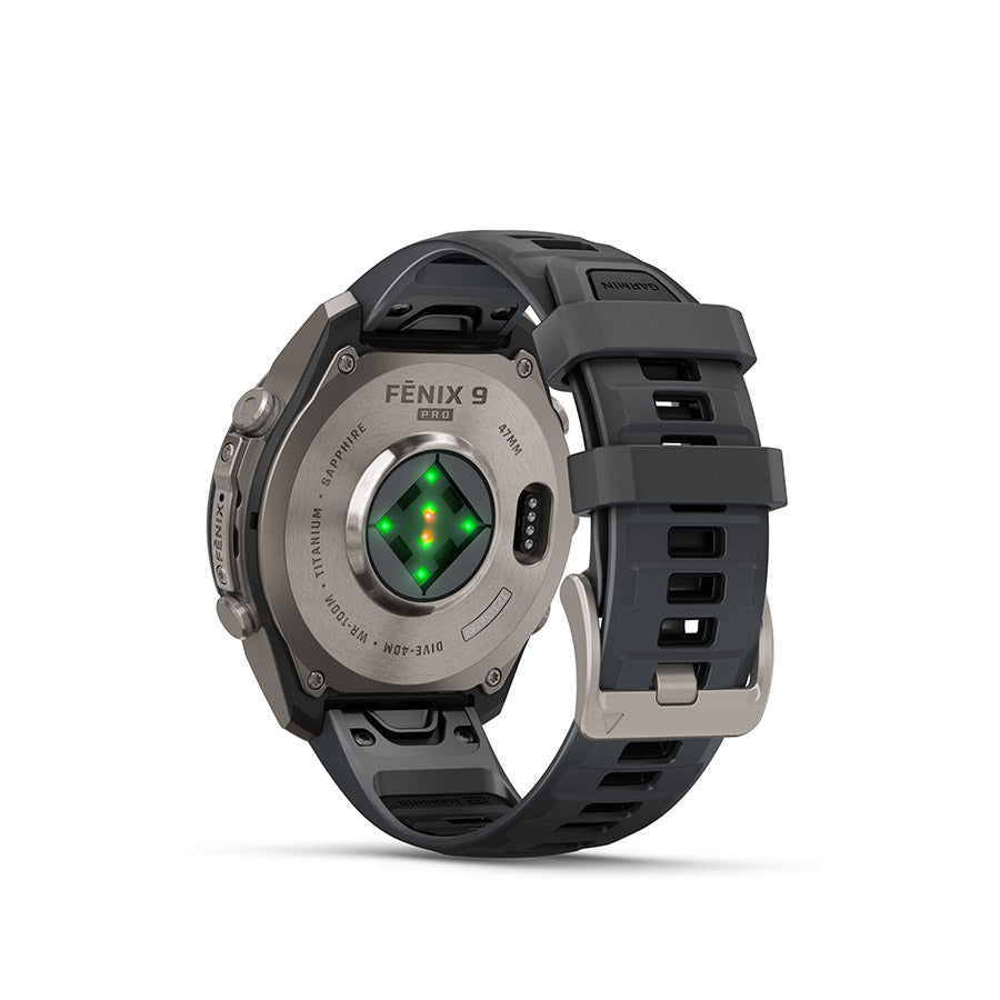 Garmin Fenix 9 Pro 47mm cycling computer with GPS display and fitness tracking features.