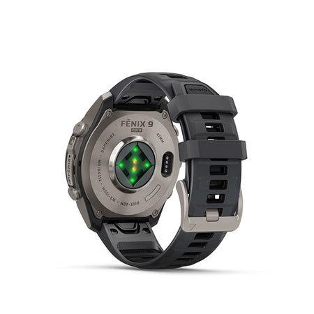 Garmin Fenix 9 Pro 47mm cycling computer with GPS display and fitness tracking features.