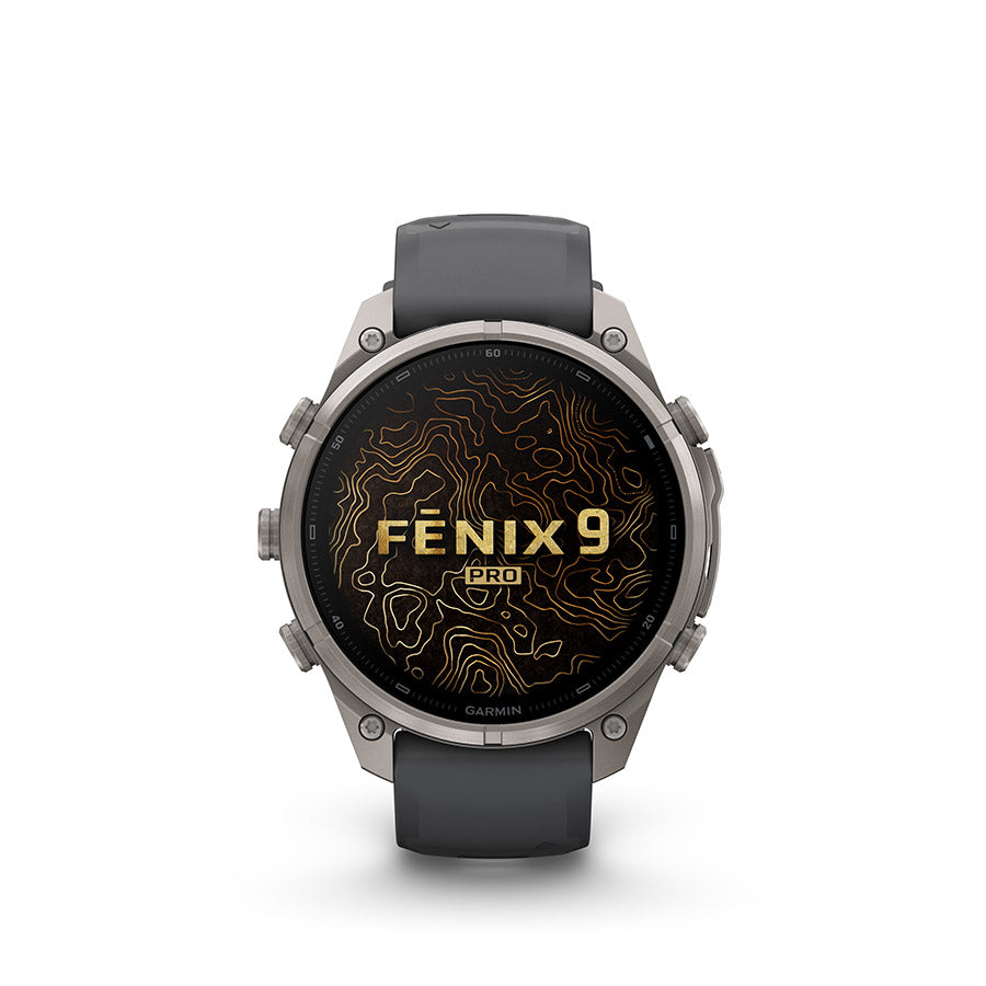 Garmin Fenix 9 Pro 47mm cycling computer display showing GPS navigation and activity stats.