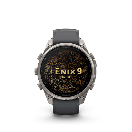Garmin Fenix 9 Pro 47mm cycling computer display showing GPS navigation and activity stats.