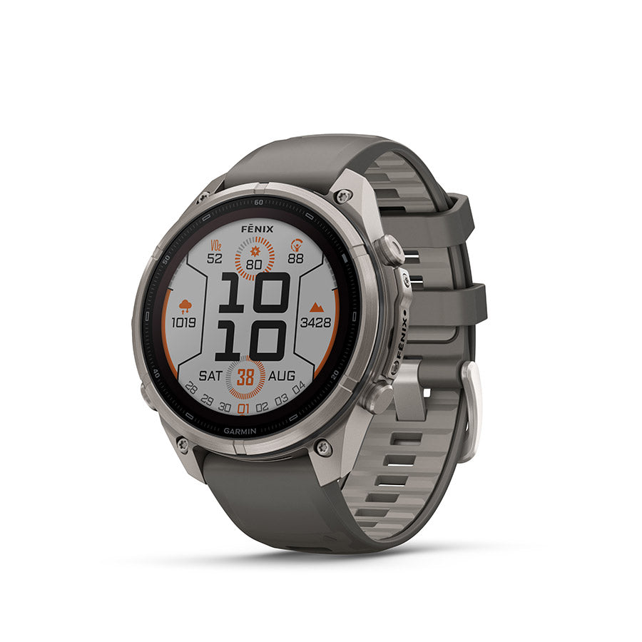Garmin Fenix 9 Pro Solar 47mm cycling computer with GPS and solar charging display, showing a rugged outdoor interface.