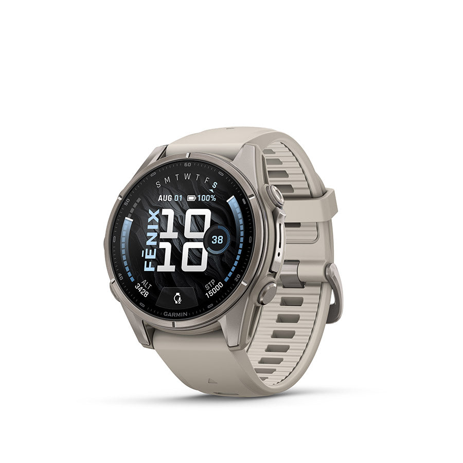 Garmin Fenix 9 43mm cycling computer with GPS display and durable watch face, designed for outdoor cycling enthusiasts.