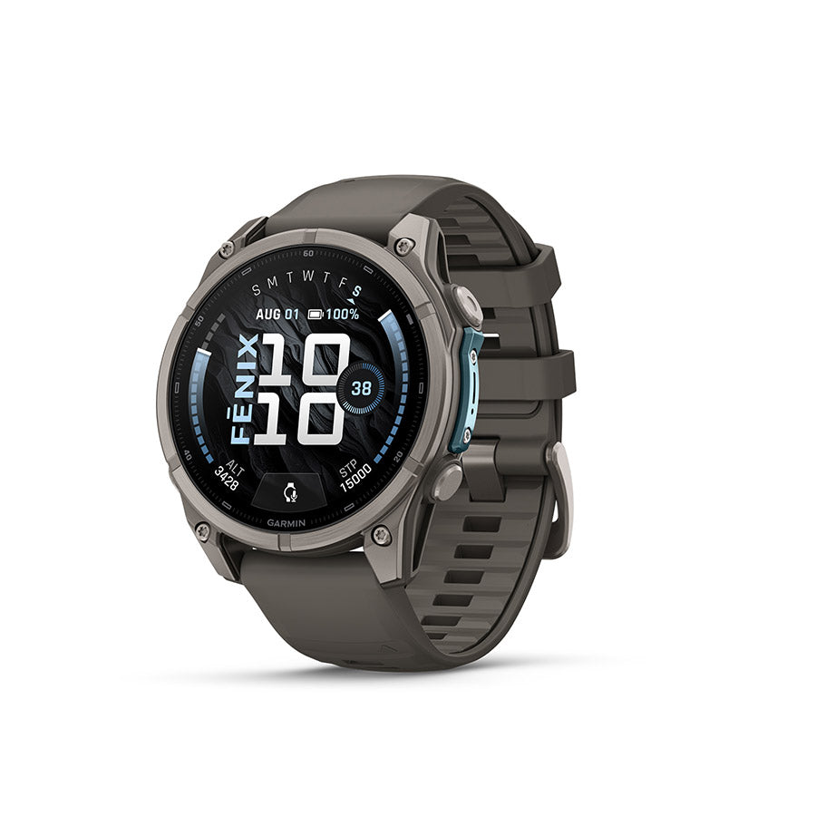 Garmin Fenix 9 47mm cycling computer with GPS display and buttons, designed for outdoor cycling activities.