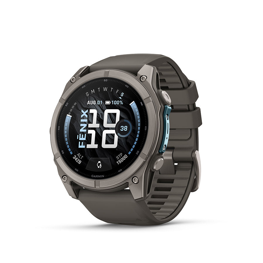 Garmin Fenix 9 51mm cycling computer with GPS display and multifunction buttons, designed for outdoor cycling activities.