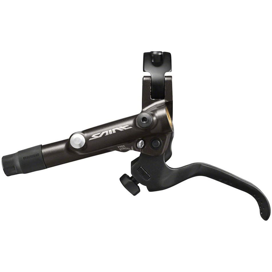 Shimano Saint BR-M820B disc brake calipers and lever set, black with silver accents, mounted on a mountain bike fork.