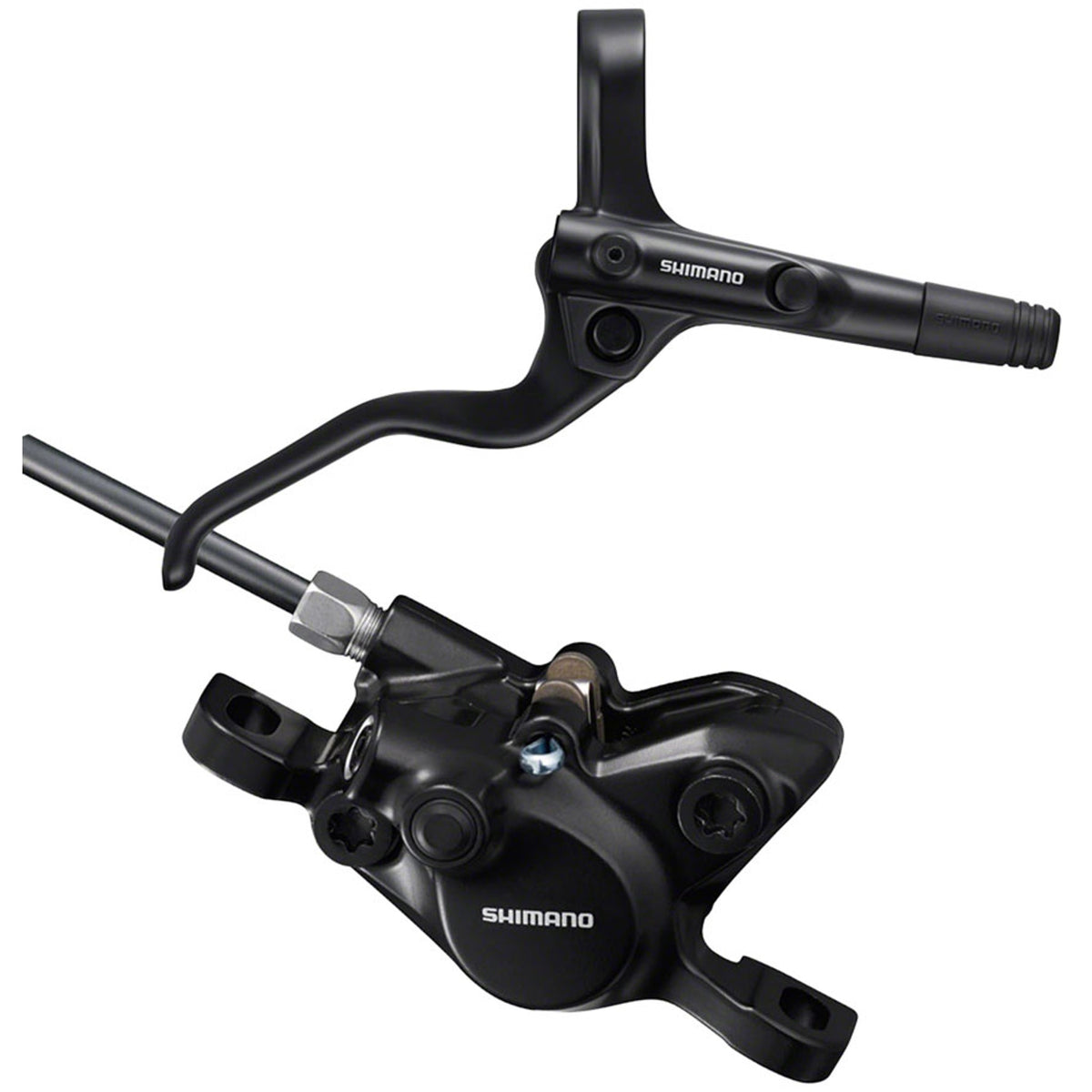 Shimano BR-MT200 and BL-MT201 disc brake and lever set with black finish, designed for mountain biking and bicycle maintenance.