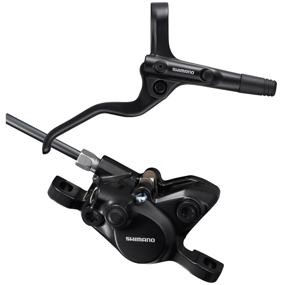Shimano BR-MT200 and BL-MT201 disc brake and lever set with black finish, designed for mountain biking and bicycle maintenance.