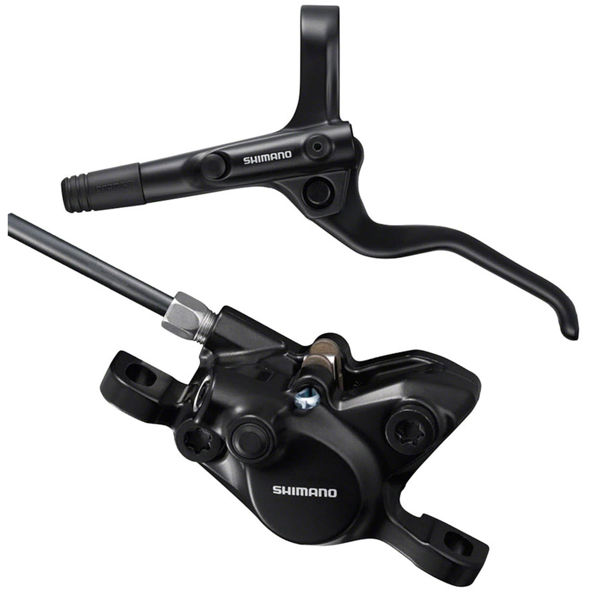 Shimano BR-MT200 and BL-MT201 disc brake and lever set, black finish, featuring hydraulic disc brakes and ergonomic levers.