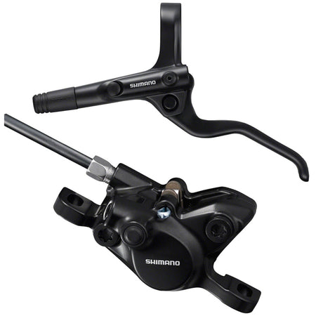 Shimano BR-MT200 and BL-MT201 disc brake and lever set, black finish, featuring hydraulic disc brakes and ergonomic levers.