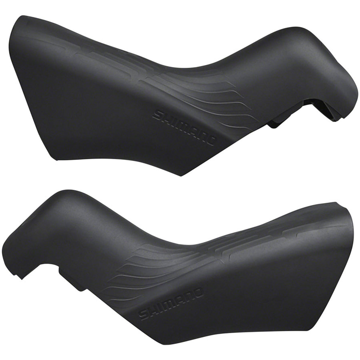 Shimano Di2 STI lever hoods for brake shifters, showing close-up of black rubber grips and branding details.