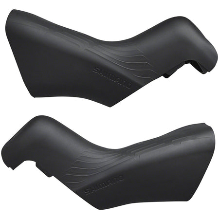 Shimano Di2 STI lever hoods for brake shifters, showing close-up of black rubber grips and branding details.