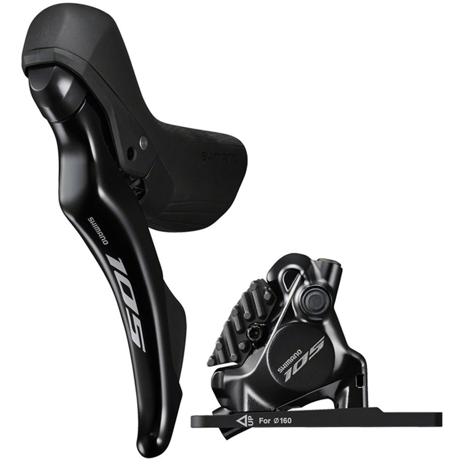 Shimano 105 ST-R7120 mechanical shift and brake lever with BR-R7170 disc brake caliper on bike handlebar.