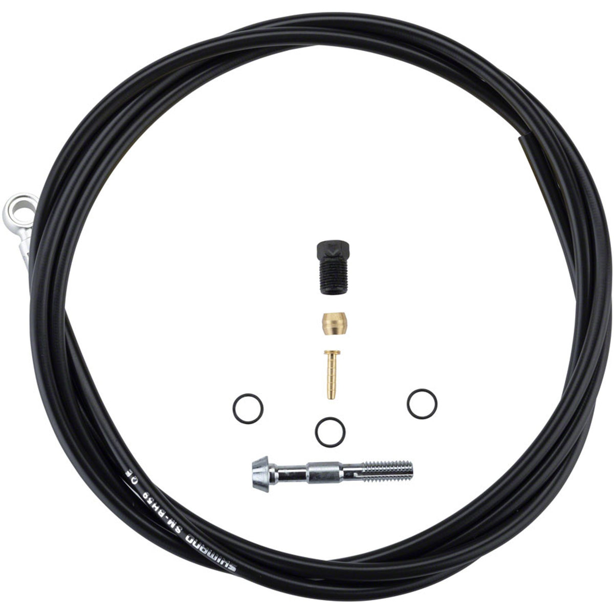 Shimano SM-BH59 disc brake hose and cable kit with brake housing and fittings for mountain or road bike braking systems.