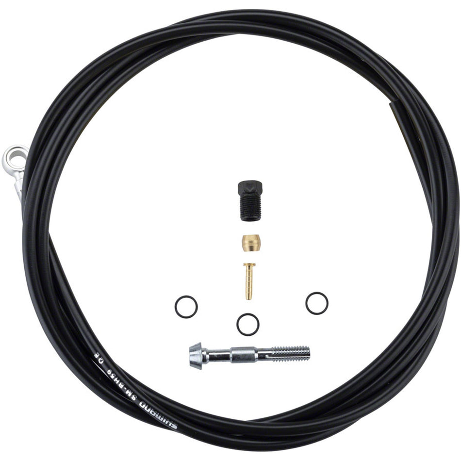 Shimano SM-BH59 disc brake hose and cable kit with brake housing and fittings for mountain or road bike braking systems.