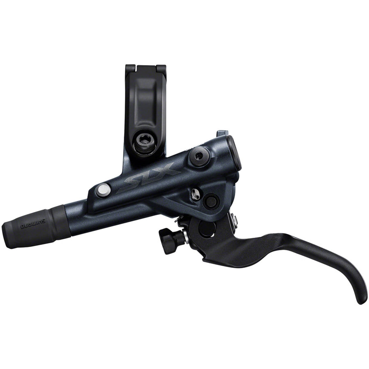 Shimano SLX M7100 disc brake with black caliper and rotor mounted on a mountain bike wheel, showcasing hydraulic disc brake components.