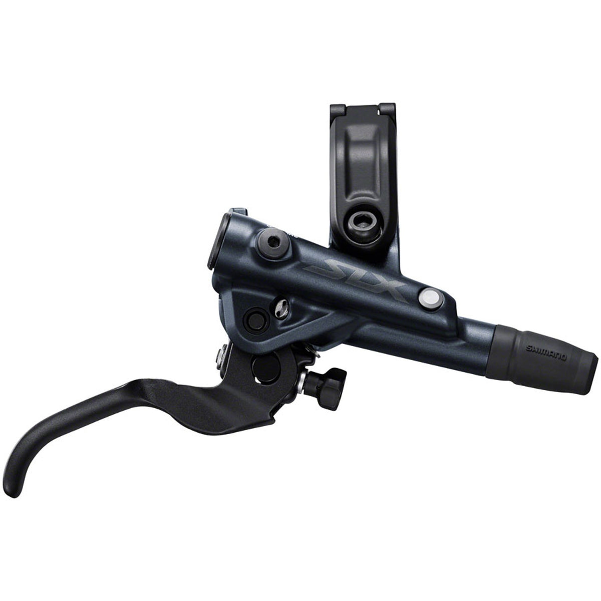Shimano SLX M7100 disc brake with black caliper and rotor mounted on mountain bike wheel for reliable stopping power.