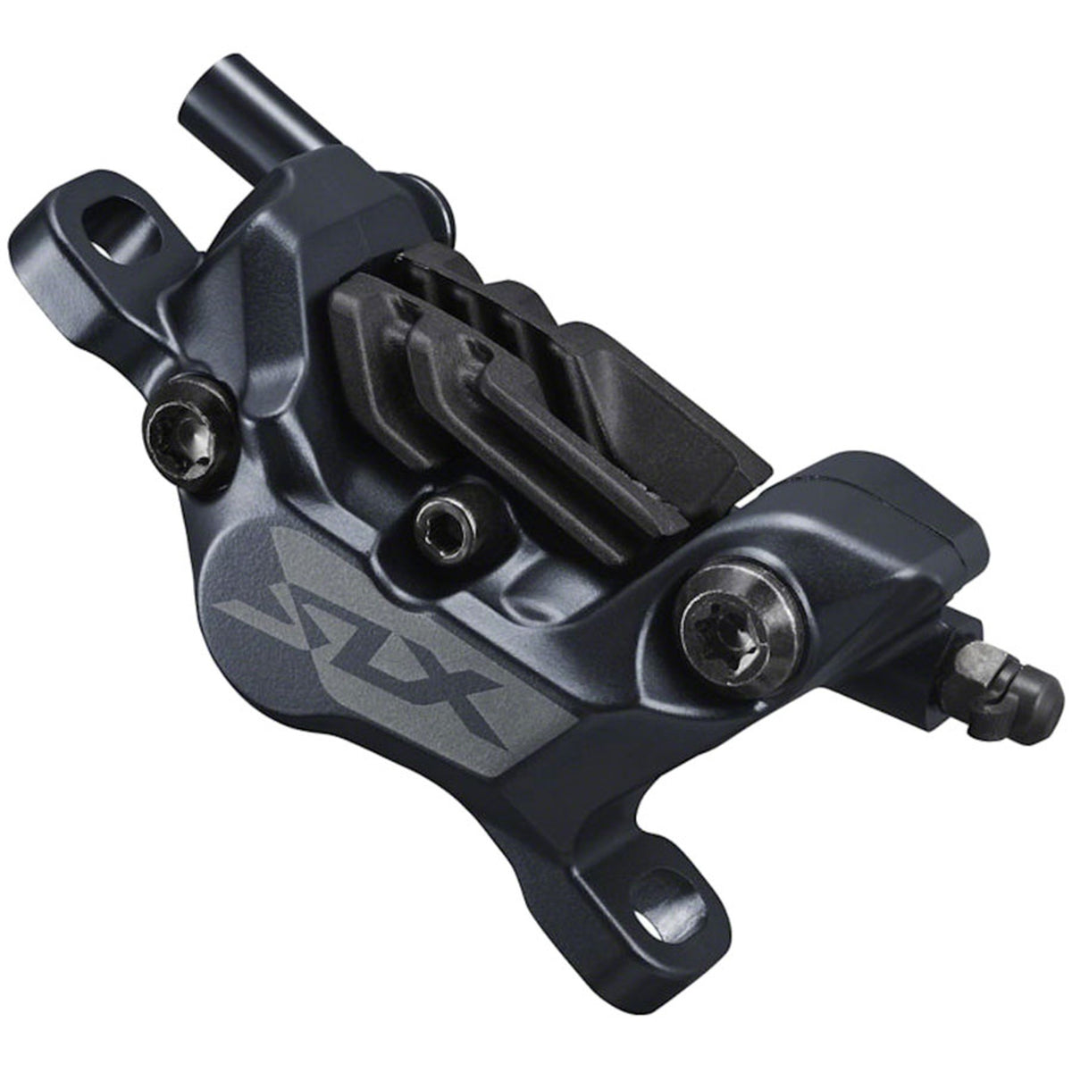 Shimano SLX M7100 disc brake with black caliper and rotor, mounted on a mountain bike wheel for precise stopping power.