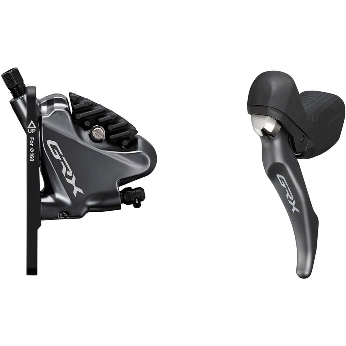 Shimano GRX RX810 disc brake with black caliper and rotor, mounted on a bicycle fork, showcasing the hydraulic disc brake system.