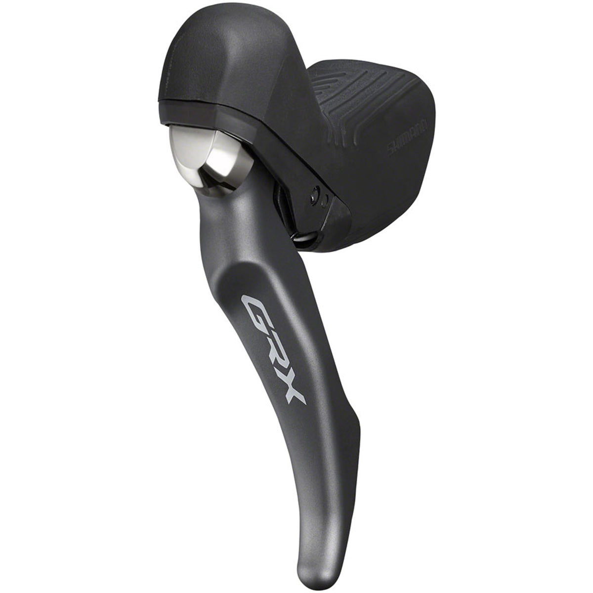Shimano GRX RX810 hydraulic brake lever for drop handlebars, with ergonomic design and cable attachment visible.