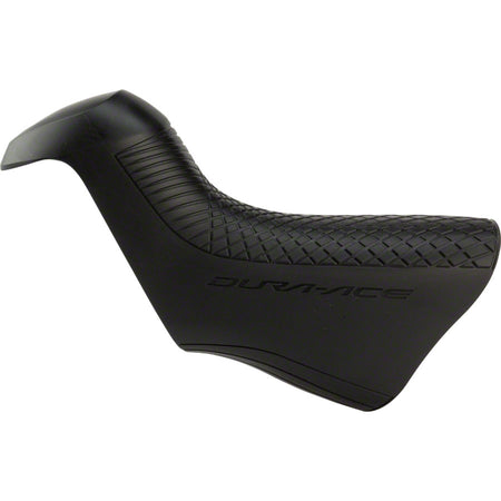 Shimano Di2 STI lever hoods for brake shifters, close-up view of black rubber grips with branding details.