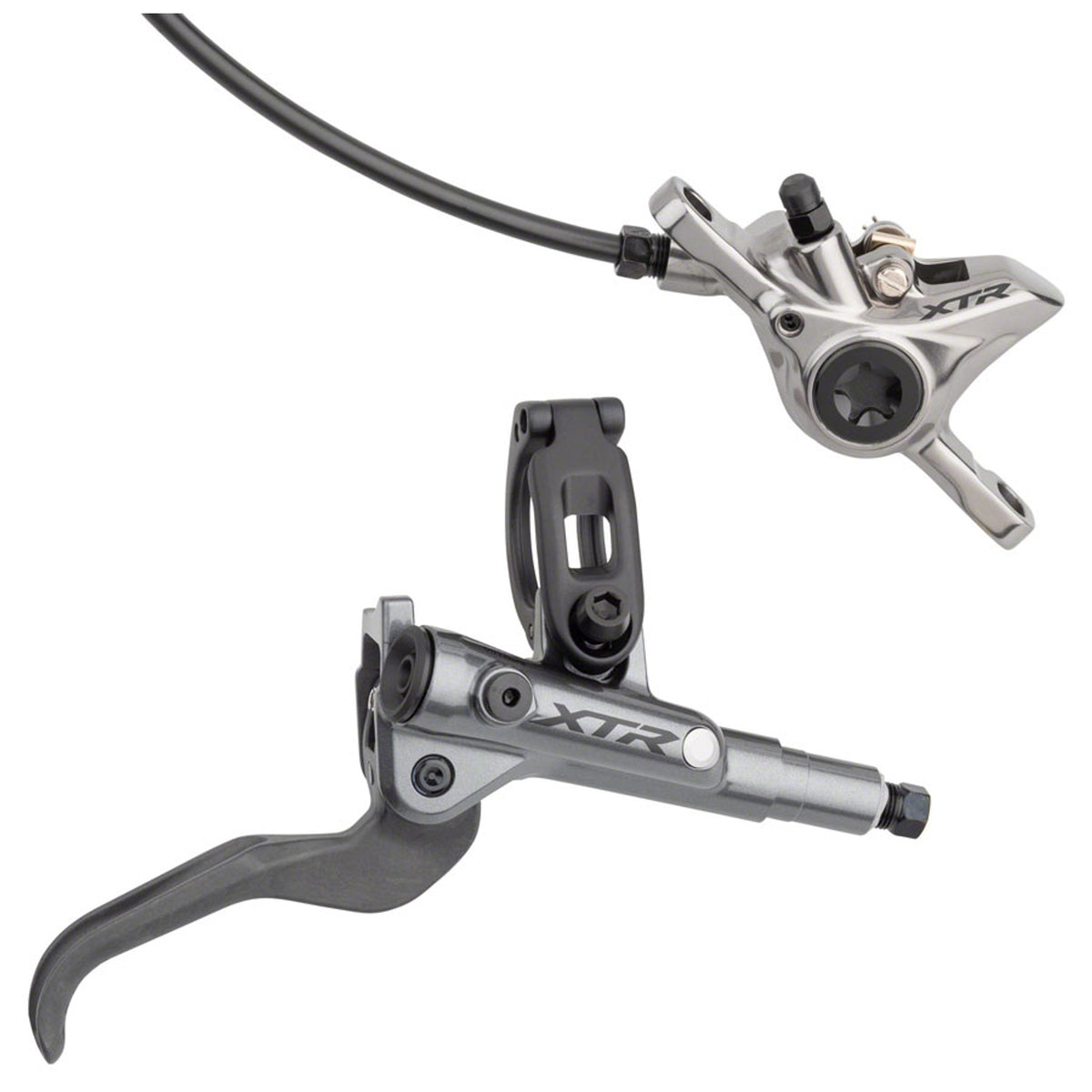 Shimano XTR M9100 disc brake with black caliper and rotor, mounted on a mountain bike wheel for precise stopping power.