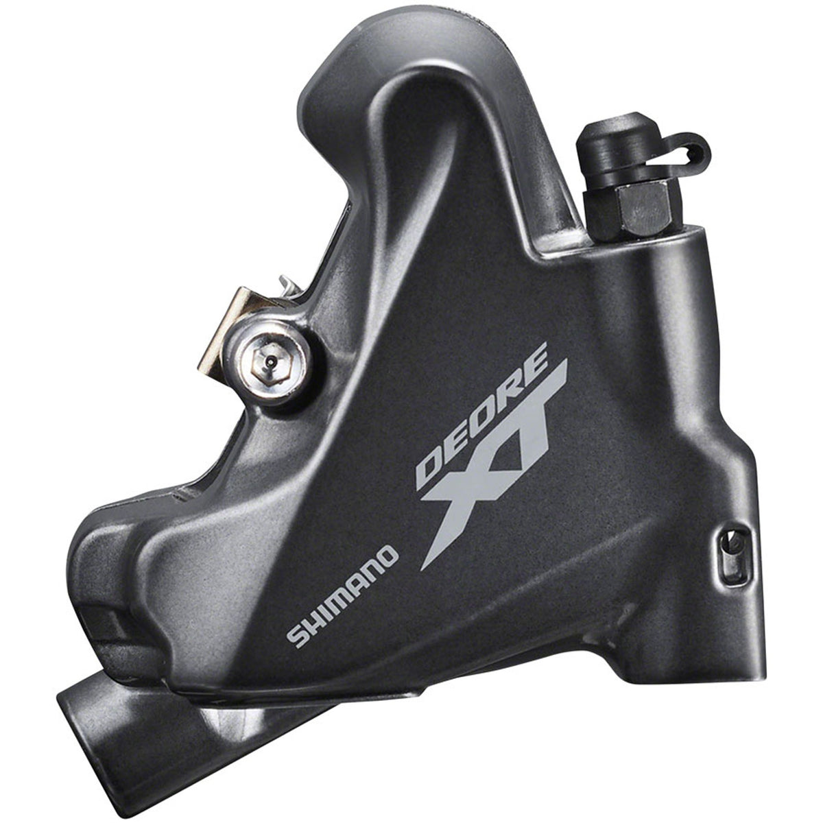 Shimano Deore XT BR-M8100 disc brake calipers mounted on a mountain bike frame, showcasing hydraulic brake components.