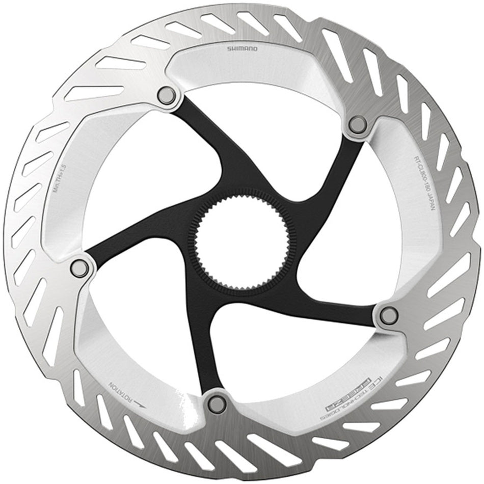 Shimano RT-CL800 disc brake rotor showing vented metal surface and mounting holes for mountain bike braking system.