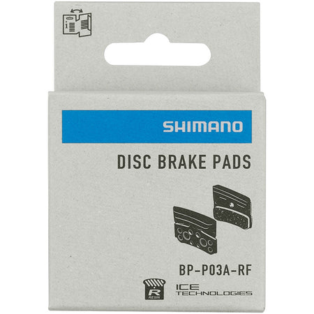 Shimano P03A disc brake pads for bicycles, showing the brake pad set with metal backing plates and friction material.