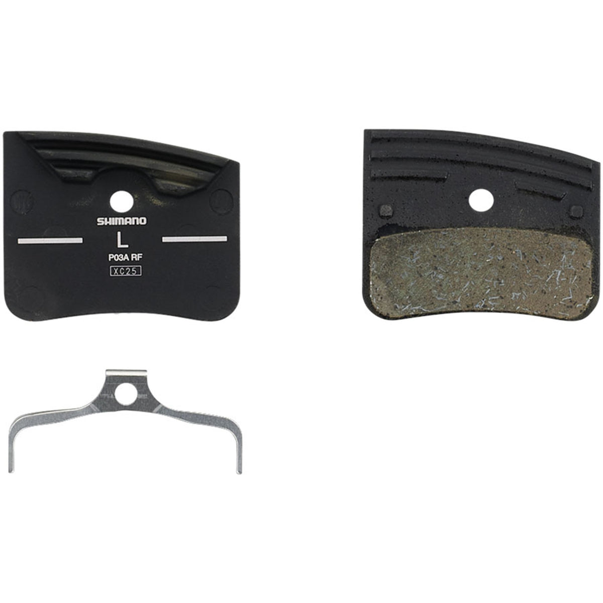 Shimano P03A disc brake pads showing the brake pad surface and mounting hardware for bicycle brake system.