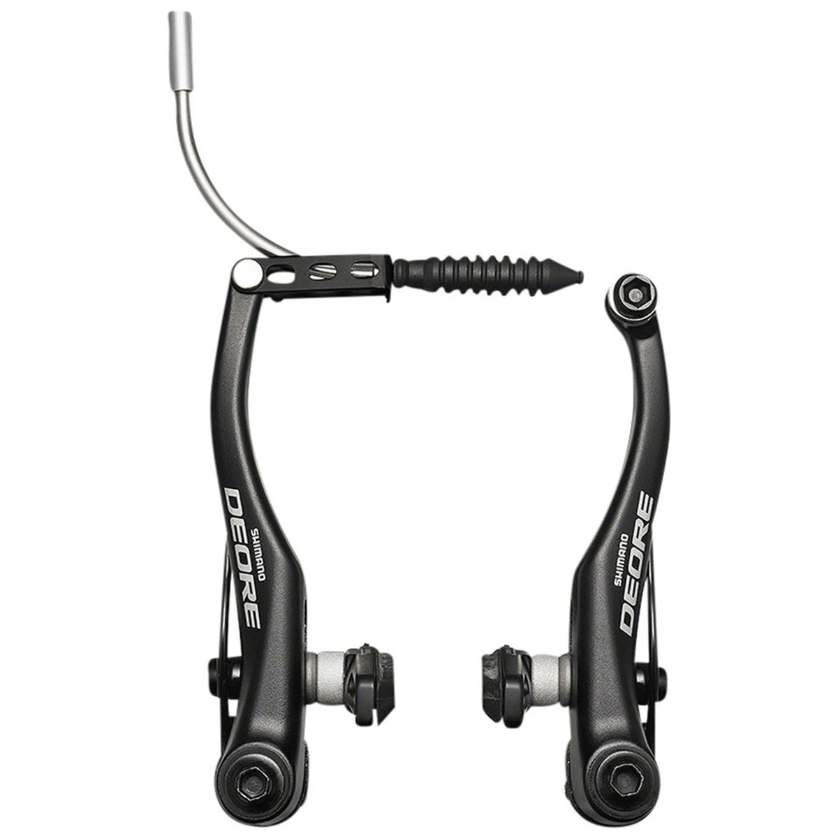 Shimano Deore BR-T610 linear pull rim brakes mounted on a bicycle wheel, showcasing their sleek black design and cable mechanism.
