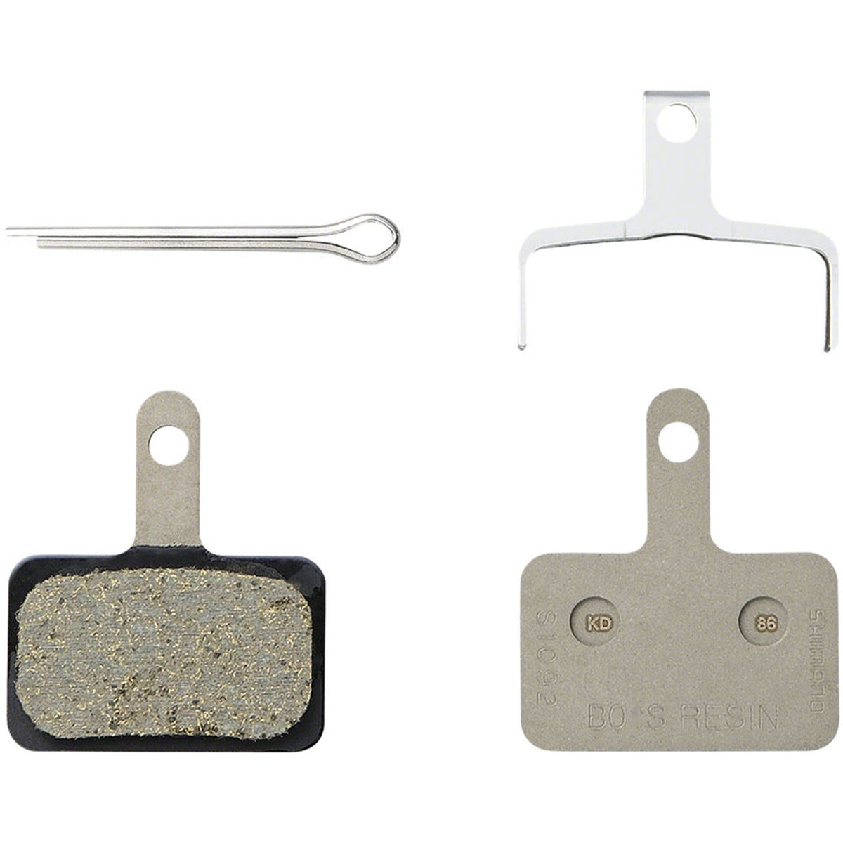 Shimano B05S disc brake pads showing black friction material and metal backing plate for bicycle braking systems.