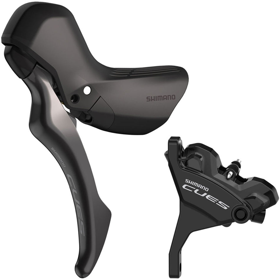 Shimano CUES U6030 disc brake and lever set showing the brake lever and rotor assembly attached to a bicycle.