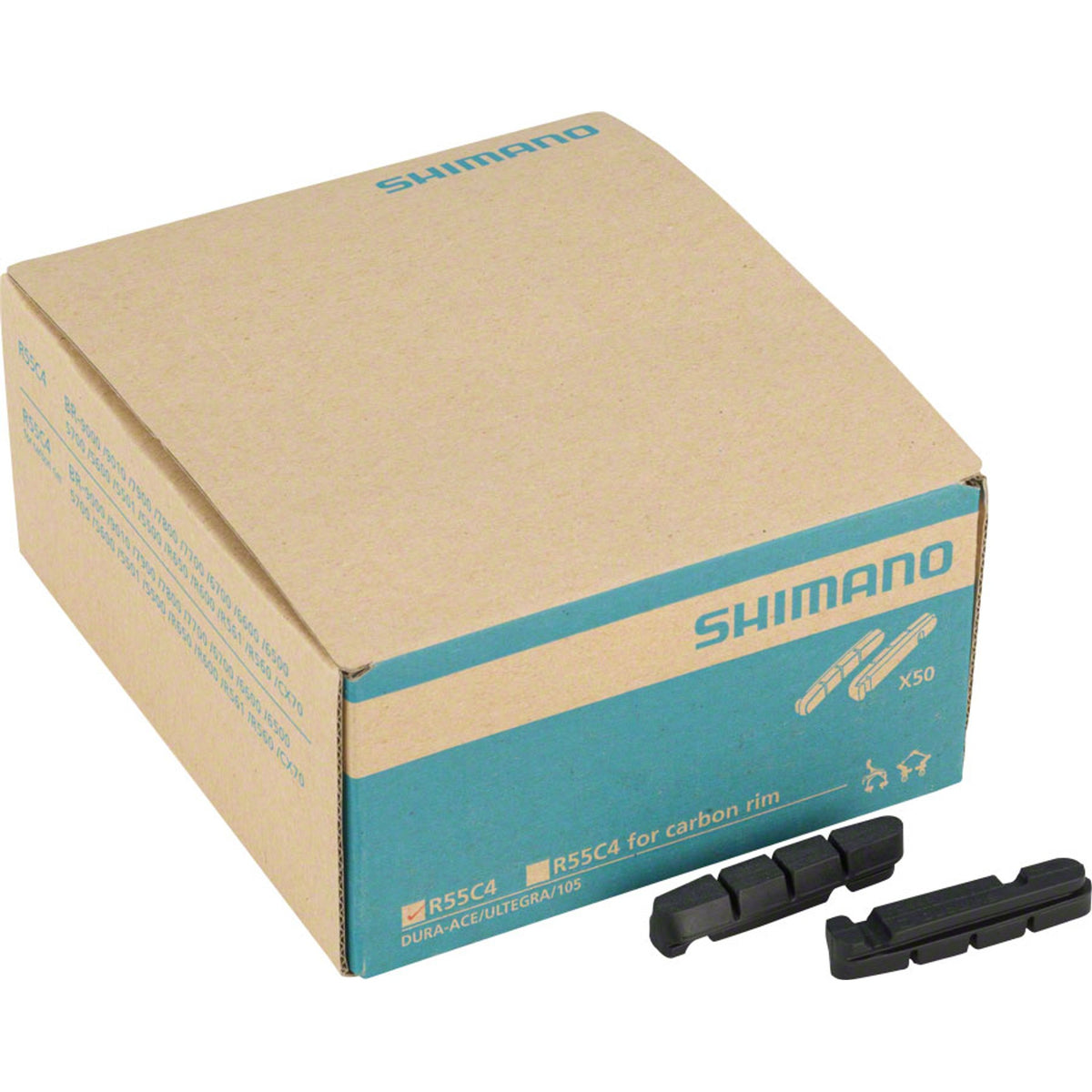 Shimano replacement brake pads for road bicycle brake shoes, showing the new brake pads ready for installation.