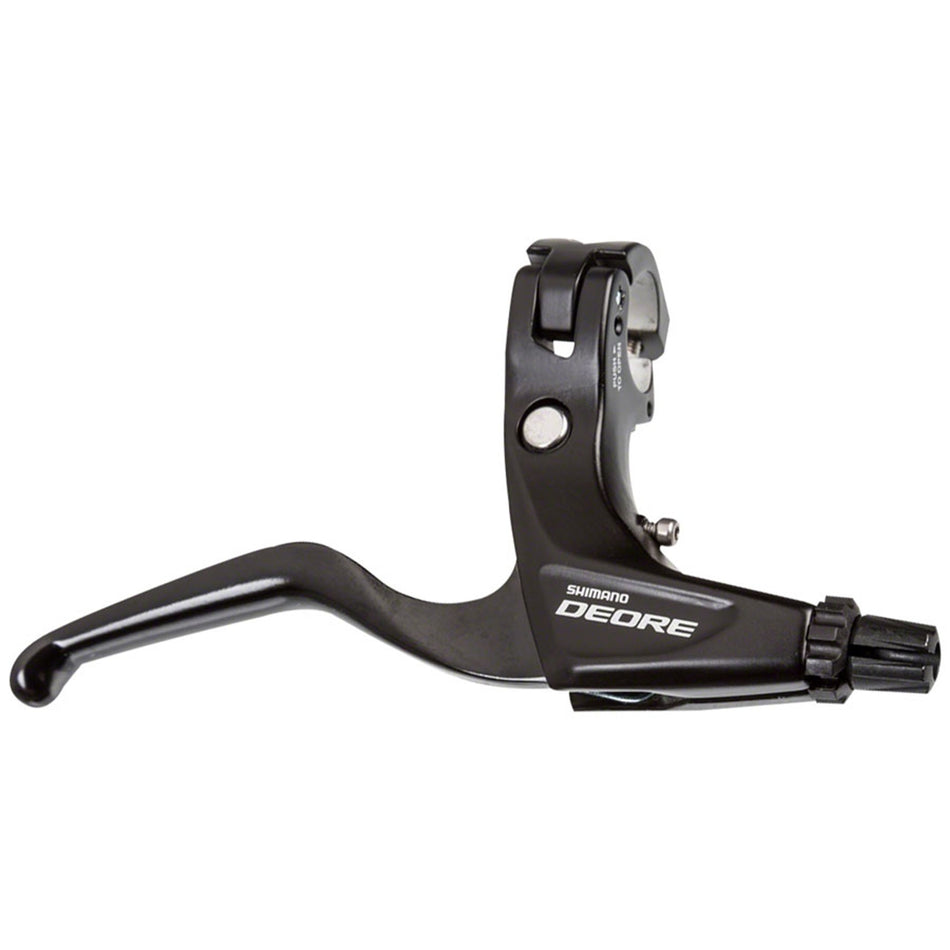 Shimano Deore V-brake lever, model BL-T610, showing ergonomic design and black finish, mounted on bicycle handlebar.