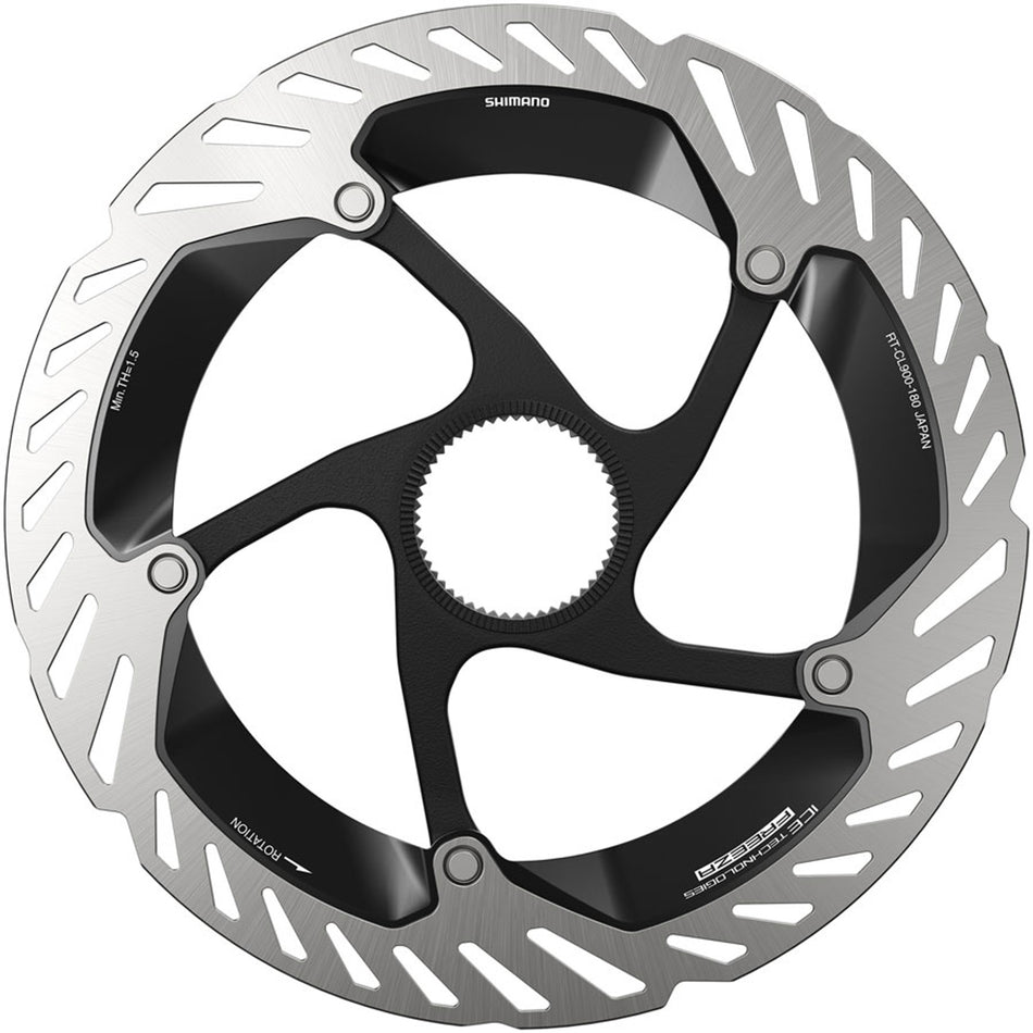 Shimano RT-CL900 disc brake rotor with vented design and silver finish, mounted on a bicycle wheel for optimal braking performance.