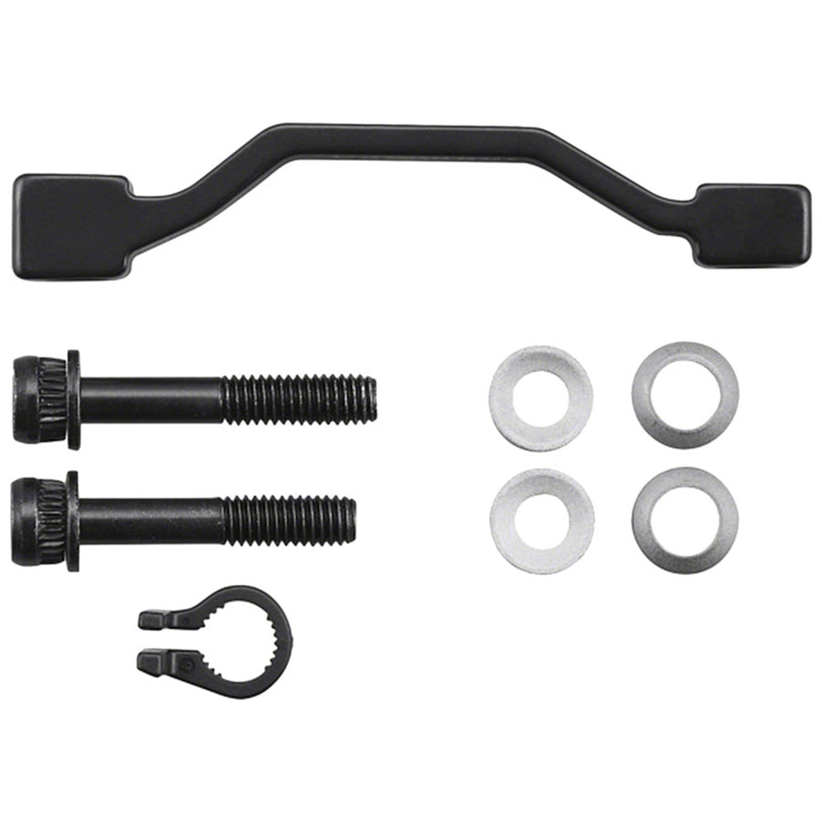 Shimano disc brake adapter for bicycle brake system, shown in black with mounting holes for easy installation.