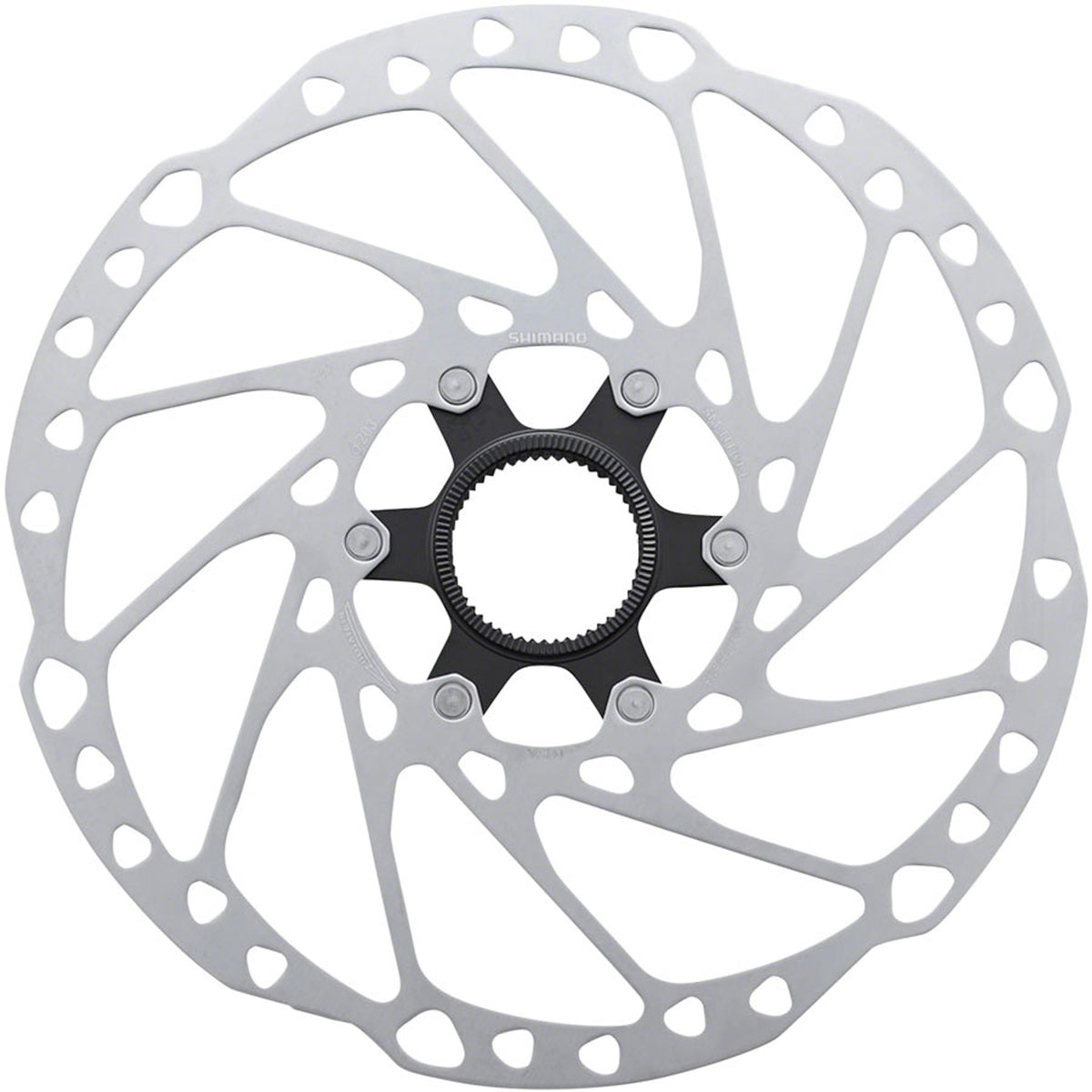 Shimano SM-RT64 disc brake rotor showing vented metal surface and mounting holes for bicycle brake system.