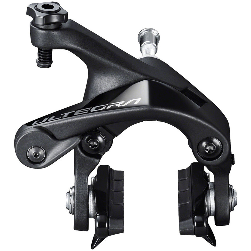 Shimano Ultegra BR-8100 rim caliper brake mounted on a road bike, showcasing sleek design and precise braking components.