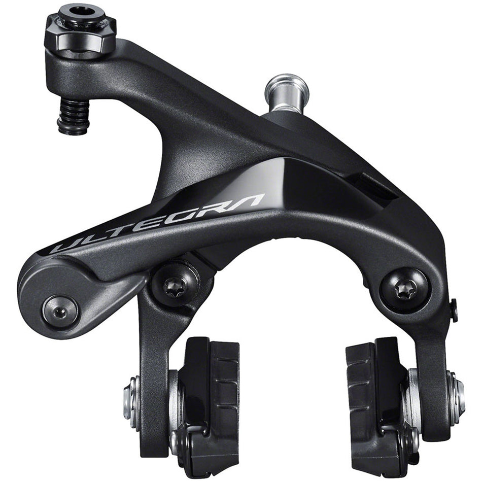 Shimano Ultegra BR-8100 road rim brake caliper mounted on bike wheel, showcasing sleek design and high-performance rim brake system.