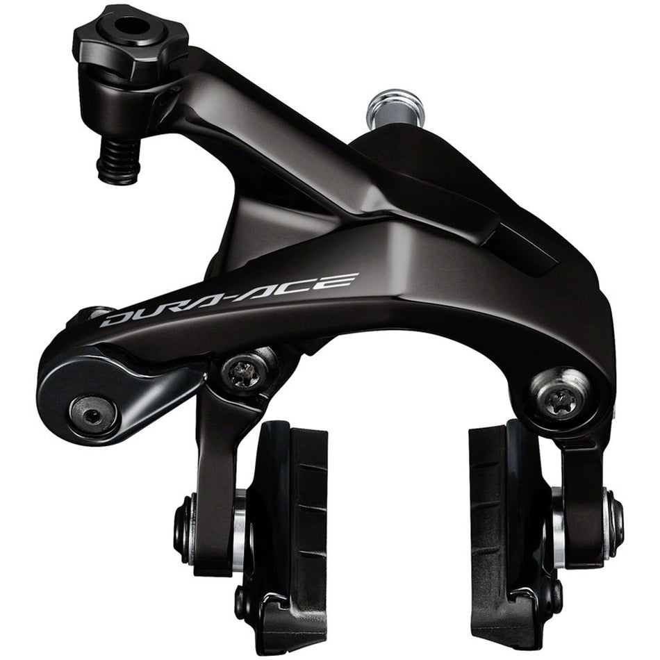 Shimano Dura-Ace BR-9200 road rim caliper brake mounted on bicycle wheel for high-performance cycling.