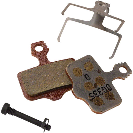 SRAM Level and Elixir disc brake pads for mountain and road bikes, showing close-up of brake pad set with metal backing plates.